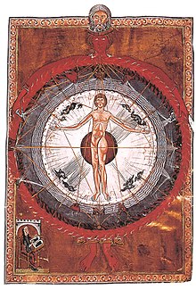 Microcosmic Man as described by Hildegard of Bingen. Hildegard von Bingen Liber Divinorum Operum.jpg