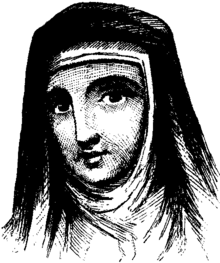 Sketch of Juliana Berners, author of the earliest essay on recreational fishing. Juliana Berners - Project Gutenberg eText 13220.png