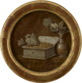 Gold coins in a treasure box, drawing moths. Shown with a vase of flowers.