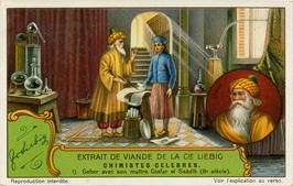 Jabir ibn Hayyan depicted in Liebig's Extract of Meat Company trading card "Chimistes Celebres", 1929. Liebig Company Trading Card Ad 01.12.002 front.tif