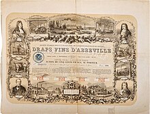 Action de fondation de la Manufacture royale de draps d'Abbeville datant de 1855. Considérée comme l'une des toutes premières usines textiles au monde, la manufacture a été reprise en 1849 par Jean-Baptiste Randoing, qui l'a transformée en société anonyme.