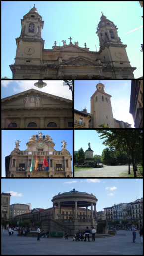 De cima para baixo, da esquerda para a direita: Catedral, Palácio de Navarra, Igreja de São Saturnino, Ayuntamiento, Parque da Taconera, Praça do Castelo