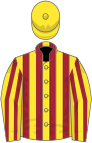 Yellow, maroon stripes, yellow cap