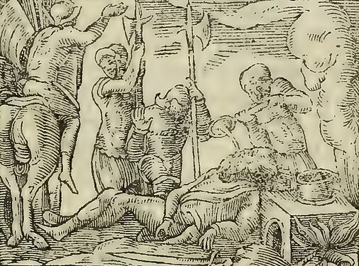 Гравюра П'єра Кустау[it], 1555 рік Страта Марка Ліцинія Красса парфянами. Підписана Лише смерть приносить щастя та збагачує