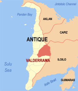 Mapa ng Antique na nagpapakita sa lokasyon ng Valderrama.