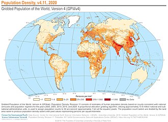 Population density (people per km ) map of the world in 2020. Red areas denote regions of highest population density Population Density, v4.11, 2020 (48009093621).jpg