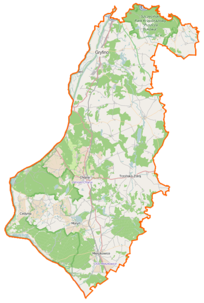 Mapa konturowa powiatu gryfińskiego, blisko centrum u góry znajduje się punkt z opisem „Tarnogórki”