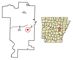 Location of De Valls Bluff in Prairie County, Arkansas.