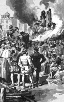 Ten Protestant Martyrs, including Richard Woodman, were burnt to death in 1557 for not espousing the official state religion RichardWoodmanandOthers.gif