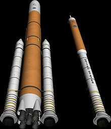 Two planned configurations for a return to the Moon, heavy lift (left) and crew (right) SDLV rockets.jpg
