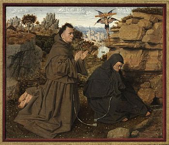 Saint François recevant les stigmates par Jan van Eyck. Frère Léon est assis à droite, la main sur son visage.