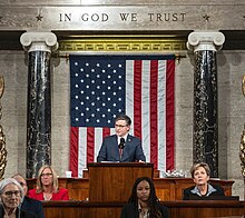 Johnson delivers remarks following his election as Speaker of the House. Speaker Mike Johnson delivers remarks following his election (cropped).jpg