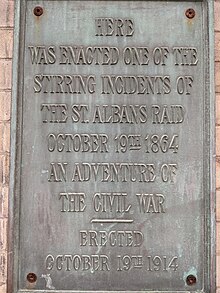 Plaque in St. Albans memorializing the St. Albans Raid St. Albans Raid Plaque.jpg