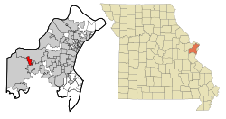克拉克森瓦利在圣路易斯县及密苏里州的位置（以红色标示）