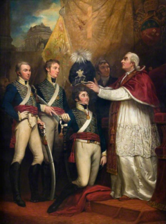 The Presentation of British Officers to Pope Pius VI, 1794 by James Northcote. British troops served in Italy during the French Revolutionary Wars. The Presentation of British Officers to Pope Pius VI, 1794.png