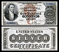 Amerikai, 1880-as szériájú Silver Certificate típusú 100 dolláros papírpénz James Monroe portréjával.