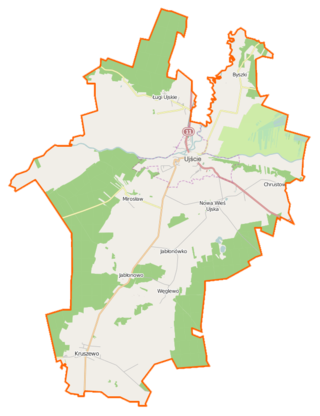 Mapa konturowa gminy Ujście, blisko centrum na prawo u góry znajduje się punkt z opisem „Ujście”