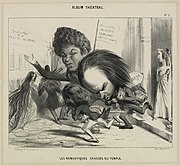Caricature by De Barray, depicting "The Romantics" (Hugo, Dumas, and Frédérick-Lemaître) being "driven out of Comédie-Française towards the Theatre of Rebirth". (1838)