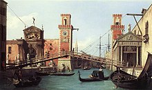 The maritime republics built the ships they needed in their own arsenals. Pictured is the Venetian Arsenal. View of the entrance to the Arsenal by Canaletto, 1732.jpg