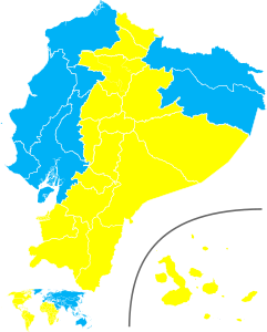 Mehrheiten in den Provinzen; hellblau: González, gelb: Noboa