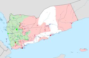Kort over interventionen i Yemen den 30. marts 2015:      Kontrolleret af Houthis og Saleh-loyalister      Kontrolleret af Hadi-loyalister      Kontrolleret af al-Qaeda og Ansar al-Sharia      Kontrolleret af Den Sydlige Bevægelse