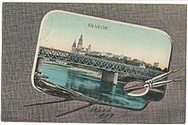 Stary Most Dębnicki z widokiem na Wawel na pocztówce z 1908 roku