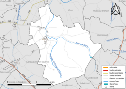 Carte en couleur présentant le réseau hydrographique de la commune