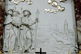 Peregrinos en el camino a Gennazano (hacia 1800). Relieve en el Altar de Nuestra Señora del Buen Consejo, de la iglesia de San Agustín, en Rattenberg (Tirol).