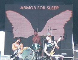 Armor for Sleep performing in 2008. From left to right: Ben Jorgensen, Nash Breen and PJ DeCicco.