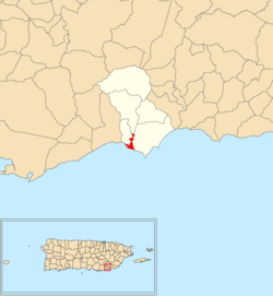 Location of Arroyo barrio-pueblo within the municipality of Arroyo shown in red