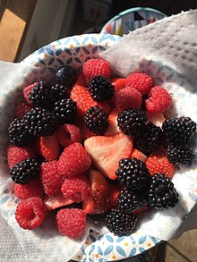 Fresh fruit mix of blackberries, strawberries, and raspberries Blackberryraspberrystrawberry.jpg