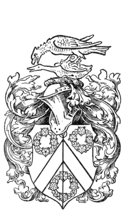 Fig. 249.—Armorial bearings of R. E. Yerburgh, Esq.: Per pale argent and azure, on a chevron between three chaplets all counterchanged, an annulet for difference. Mantling azure and argent. Crest: on a wreath of the colours, a falcon close or, belled of the last, preying upon a mallard proper.
