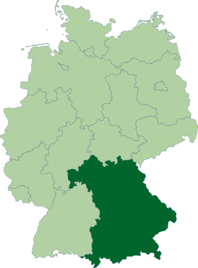 Situation géographique de la Bavière (en vert foncé) à l'intérieur de l'Allemagne.