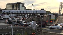 The upper-level toll plaza with heavy traffic congestion GWB Bridgegate entrance Sept 2016.jpg