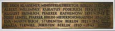 A part of a commemorative plaque in memorial of Catholics of Archdiocese of Berlin murdered during the war, in a crypt of St. Hedwig's Cathedral in Berlin