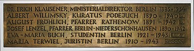 Une partie de la plaque commémorative qui se trouve à la cathédrale Sainte-Edwige de Berlin, à l’intention des catholiques de l’archidiocèse de Berlin tués pendant la guerre