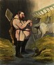 Herakles, sehr füllig und fast nackt dargestellt, steht im Stall neben einigen Rindern, künstlerische Interpretation von Honore Daumier