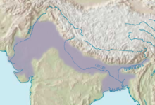 This map shows that the Indus, Ganges and Brahmaputra rivers all originate in approximately the same place in the Himalaya Mountains. The Brahmaputra River flows east-southeast for a long distance before turning south and then west-southwest to join with the Ganges River in Bangladesh.