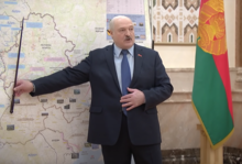 Alexander Lukashenko in front of a war map showing a supposed Russian incursion into Moldova from Odesa. Lukashenko Odesa-Moldova Invasion Map.png