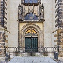 The front door of All Saints' Church in Wittenberg, Germany, where Martin Luther nailed his Ninety-five Theses on 31st October 1517, sparking the Reformation Lutherstadt Wittenberg 09-2016 photo06.jpg