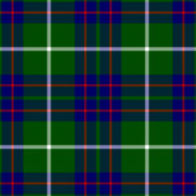 A swatch of fabric in a plaid or "tartan" design. On a green background appear four squares composed of a broad blue stripe overlaid with a thin red stripe. Over each square is superimposed two thin white stripes forming a cross.