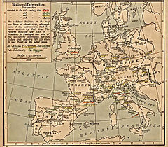 A map of Europe's medieval universities in Europe, c. 1500 Mediaeval universities.jpg