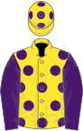 Yellow, purple spots, sleeves and spots on cap