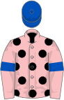 Pink, black spots, pink sleeves, royal blue armlets, royal blue cap