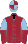 Maroon, light blue seams, light blue and maroon halved sleeves, light blue and maroon quartered cap