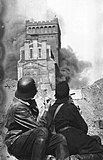The PAST building burning during the Warsaw Uprising.