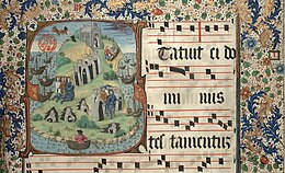 Gehistorieerde initiaal 'S' in een graduale van het klooster van Sion in Brugge, geschilderd door Cornelia van Wulfschkercke. (Paris Bibliothèque Mazarine Ms. 390 f.1r)