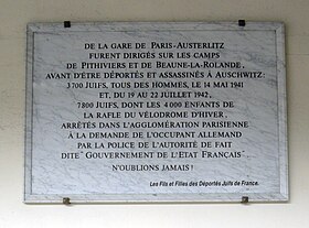 Plaque commémorative à la gare d'Austerlitz