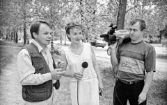 A program director sets the task for TV journalists, 1998.