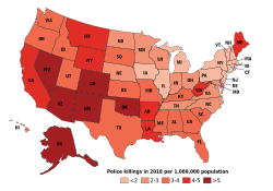 Map depicting rates of police killings by state in the United States in 2018 Police killings in the USA in 2018.svg